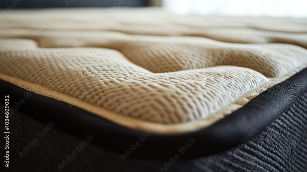 Poster a close-up view of a textured mattress edge, showcasing its unique fabric and design details.