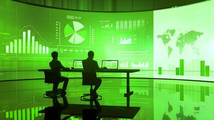 Business Presentation with Data Charts and Graphs on a Green Background