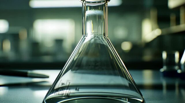 A clear glass flask sits on a black surface in a laboratory