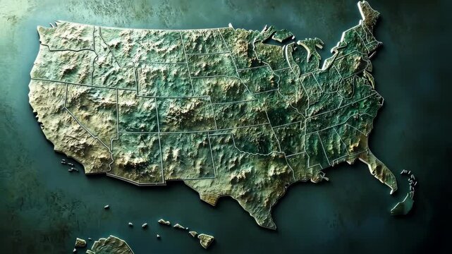 A 3D map of the United States shows the country's topography, with detailed state lines and elevation
