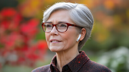 Portrait of  older woman wearing wireless phone ear buds while outdoors, copy space