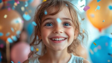 A young girl with bright blue eyes smiles widely, surrounded by colorful balloons and confetti. The joyful atmosphere captures the essence of a festive celebration.
