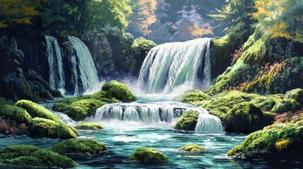 Fototapeta premium Tranquil Waterfall in Lush Forest