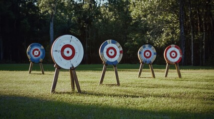 Neatly arranged archery targets on a clean range, emphasizing precision and organization. Ideal for archery and sport content.