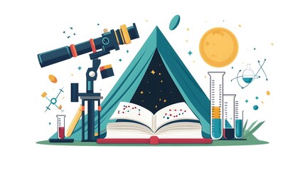 Cool flat design graphic element on science camp with telescope, microscope, science themed graphic elements and a camping tent in the shape of open book.