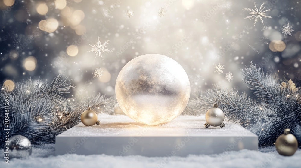 Fototapete a large, clear glass ornament sits on a white platform surrounded by frosted pine branches. the orna