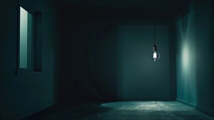 Dark empty room with single flickering light bulb casting long shadows, emphasizing absence of power and eerie atmosphere, minimalist setting with focus on light bulb's glow.