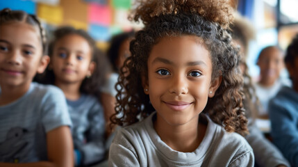 Fototapeta premium Close-up of multiethnic students in a classroom, standing and smiling at the camera with a teacher looking on in the background