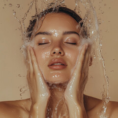  beautiful mid age woman washes her face with water, she has a serene expression, against a beige background, in an advertisement for a skin rejuvenation.