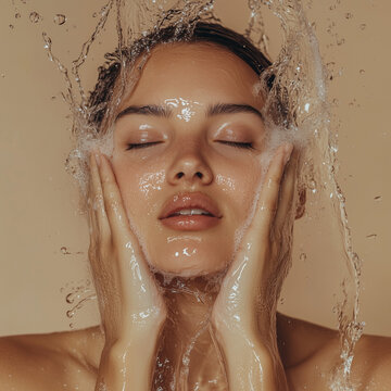 beautiful mid age woman washes her face with water, she has a serene expression, against a beige background, in an advertisement for a skin rejuvenation.