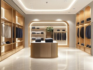 Modern, minimalist clothing boutique with wooden shelves, racks, and display cases.