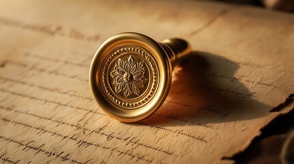 elegant golden wax seal resting on a textured parchment, glowing softly, exuding a sense of...