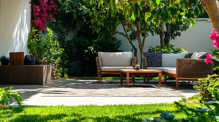 145. A stylish garden setting with furniture and an empty area for a product