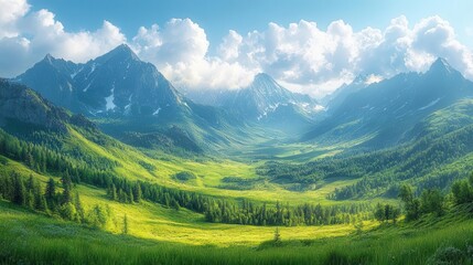 majestic mountains rise against a backdrop of fluffy clouds casting shadows on a verdant valley below capturing the grandeur of nature in a sweeping panoramic vista