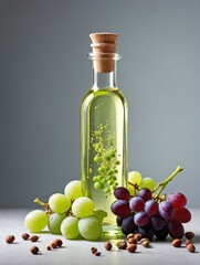 A minimalist scene with a glass bottle of grapeseed oil set against a neutral background.