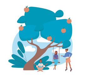 People relax near tree. Women near tree with oranges or apples and swing. Rest and relaxation outdoors. Leisure in city park. Flat vector illustration isolated on white background