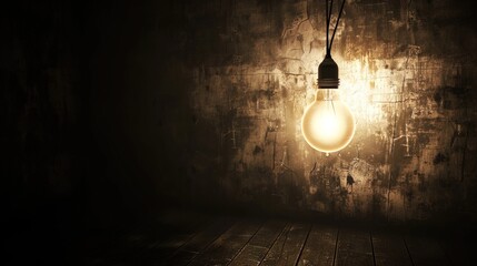 Dark empty room with single flickering light bulb casting long shadows, emphasizing absence of power and eerie atmosphere, minimalist setting with focus on light bulb's glow.