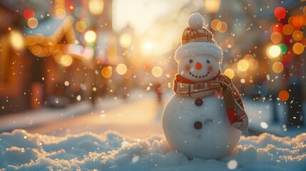 Obraz premium A snowman with lights and decorations in the background, creating an atmosphere of joy during the Christmas season.