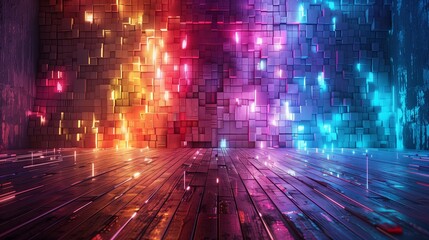 A vibrant digital art background featuring an explosion of colorful bricks, creating the illusion that they have broken through a wall made of neon lights
