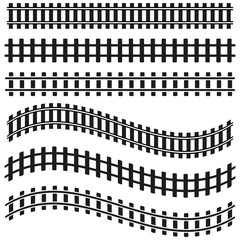 Railroad track icon. Curved and straight rails. Transportation symbol. Black and white vector.