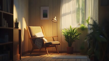 138. A cozy reading corner with a chair and an unoccupied space for a product