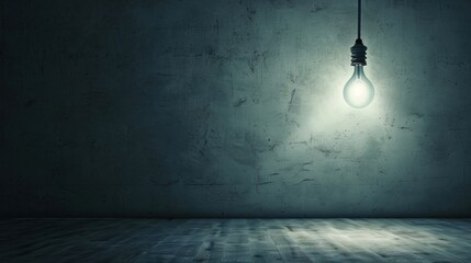 Dark empty room with single flickering light bulb casting long shadows, emphasizing absence of power and eerie atmosphere, minimalist setting with focus on light bulb's glow.