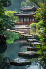 Fototapeta premium Serene Zen Monastery: Embracing Timeless Tranquility Amidst Nature’s Harmony