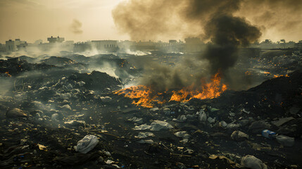 Fototapeta premium a scene of environmental degradation, with large piles of garbage burning in a dumping ground