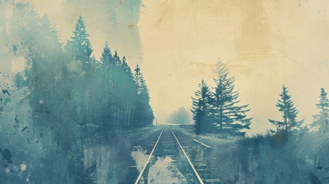 A nod to the past this design combines the worn look of a vintage railroad poster with a blurry gradient of subdued tones evoking nostalgia and travel