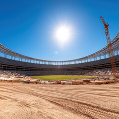 Fototapeta premium Construction progress of a modern stadium under bright sunlight in a clear blue sky
