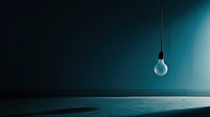 Dark empty room with single flickering light bulb casting long shadows, emphasizing absence of power and eerie atmosphere, minimalist setting with focus on light bulb's glow.