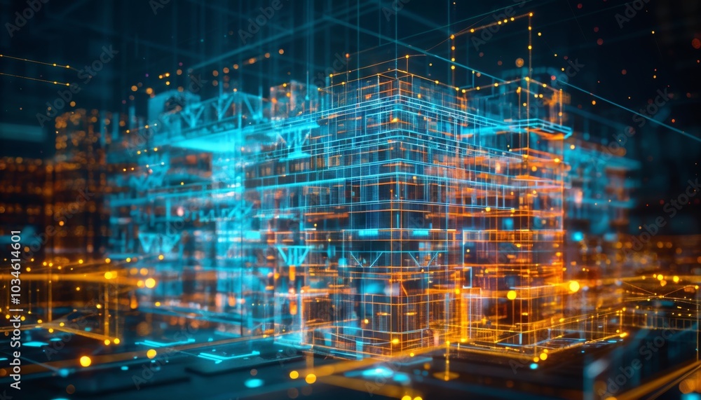 Poster holographic interface showcasing real-time construction data visualization