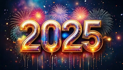 Glänzendes Silvester- und Neujahr 2025 Banner mit Feuerwerk, Konfetti und silbernen goldenen Ballon-Zahlen