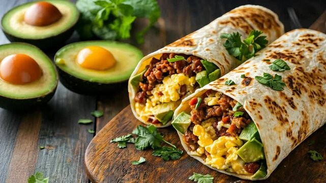 Two breakfast burritos with scrambled eggs, meat, and avocado on a wooden cutting board