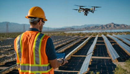 Technician operating remote-controlled uas for solar panel inspection