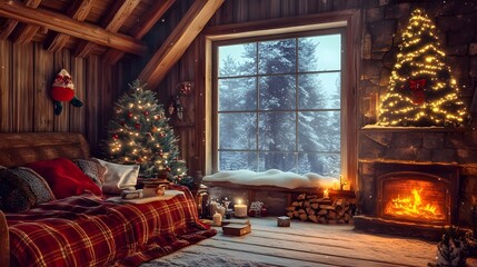 126. A cozy winter cabin scene with decor and an empty area for a product