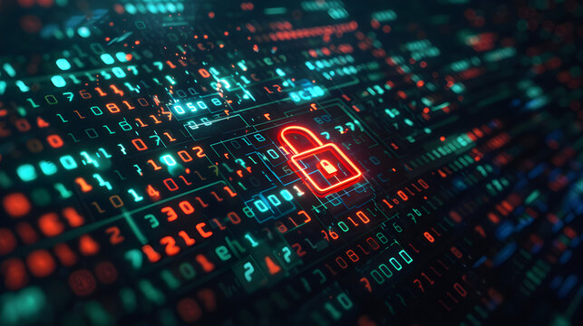 a Locked Computer Screen with Encrypted Code displaying a visual representation of digital security