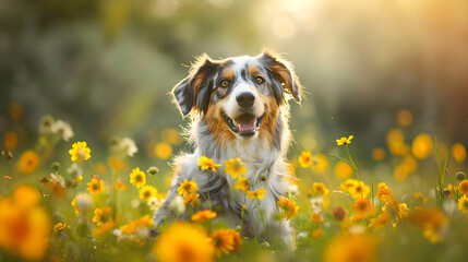 Happy Australian Shepherd Dog Sitting in a Flower-Filled Meadow with a Lush Green Forest Background
