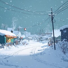 Serene winter scene a snowy town blanketed in white with cozy shops and power lines
