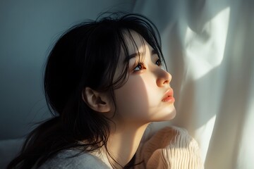 close-up of a face, A woman sitting on a bed looking at the incoming sunlight, longitudinal lighting spotlight, white background