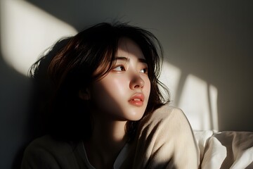 close-up of a face, A woman sitting on a bed looking at the incoming sunlight, longitudinal lighting spotlight, white background