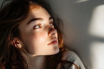 close-up of a face, A woman sitting on a bed looking at the incoming sunlight, longitudinal lighting spotlight, white background