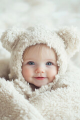 A baby wearing a fluffy bear outfit, smiling with bright blue eyes. Suitable for children's lifestyle photography and baby-themed designs.