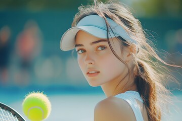 a Woman Playing Tennis, Playing Ball With Tennis Racquet, Daytime Tennis Court Background