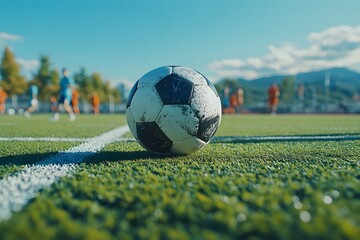 Close up of the soccer ball, located in the center of the soccer field, can see the feet of the waiting players