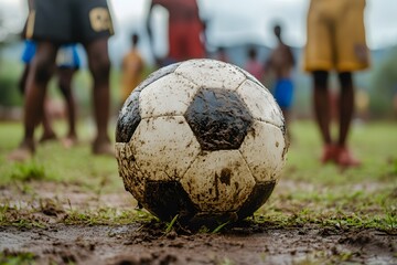 Close up of the soccer ball, located in the center of the soccer field, can see the feet of the waiting players, African Children's dirty sand Playground Background