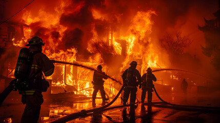 fire in the forest, a group of courageous firefighters clad in protective gear confronts an inferno with resolute determination