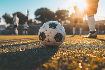 Close up of the soccer ball, located in the center of the soccer field, can see the feet of the waiting players