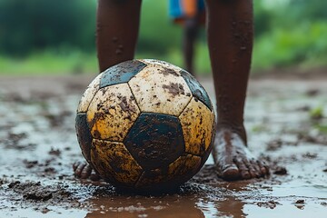 Close up of the soccer ball, located in the center of the soccer field, can see the feet of the waiting players, African Children's dirty sand Playground Background