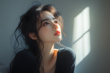 A woman sitting on a bed looking at the incoming sunlight, longitudinal lighting spotlight